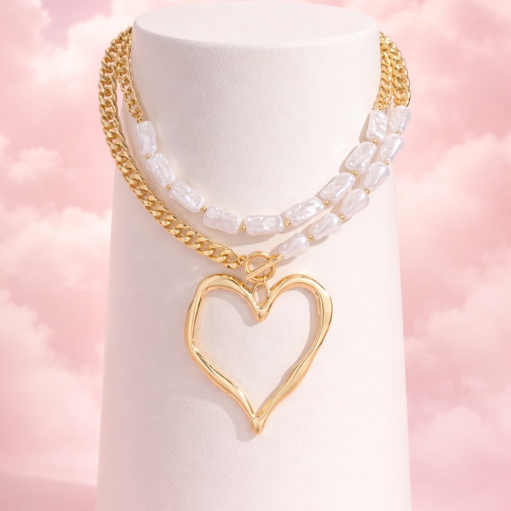 Gold Heart Pendant Layered Necklace with White Pearlescent Beads